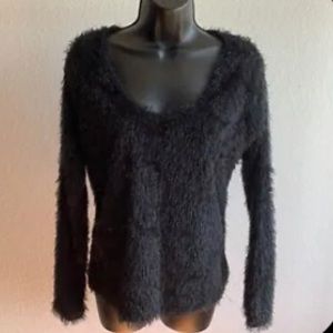 Women’s Sweater Fuzzy Long Sleeve Scoop Neck BLACK Size M